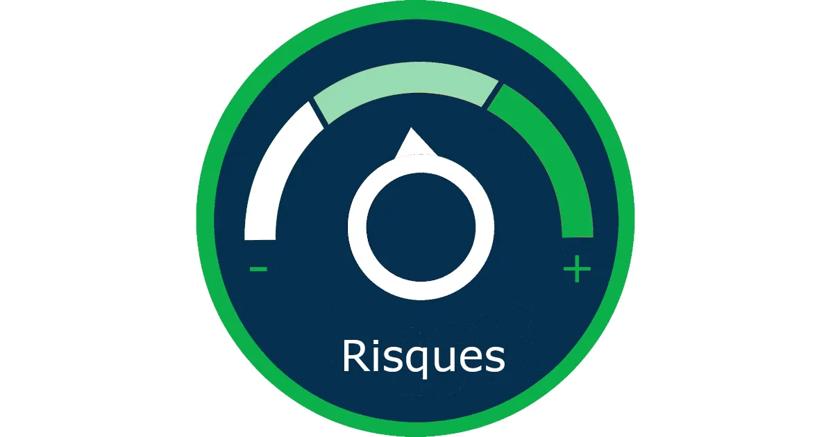 Jauge circulaire du niveau de risque, de moins à plus, avec le mot « Risques »