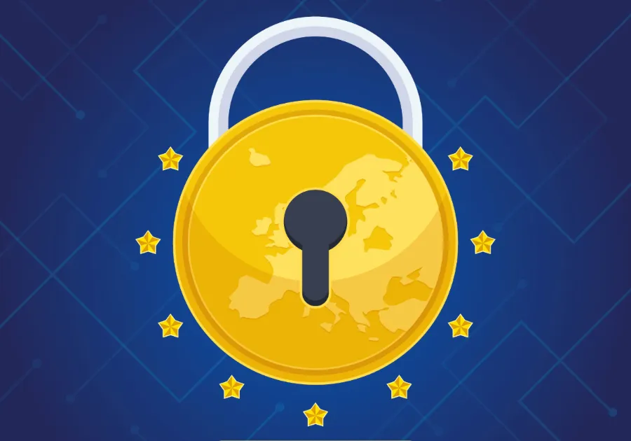 Cadenas doré portant la carte de l’Europe, entouré des étoiles du drapeau européen