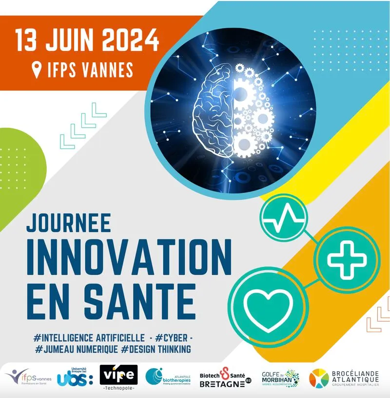 Affiche « Journée innovation en santé », 13 juin 2024, IFPS Vannes : intelligence artificielle, cyber, jumeau numérique